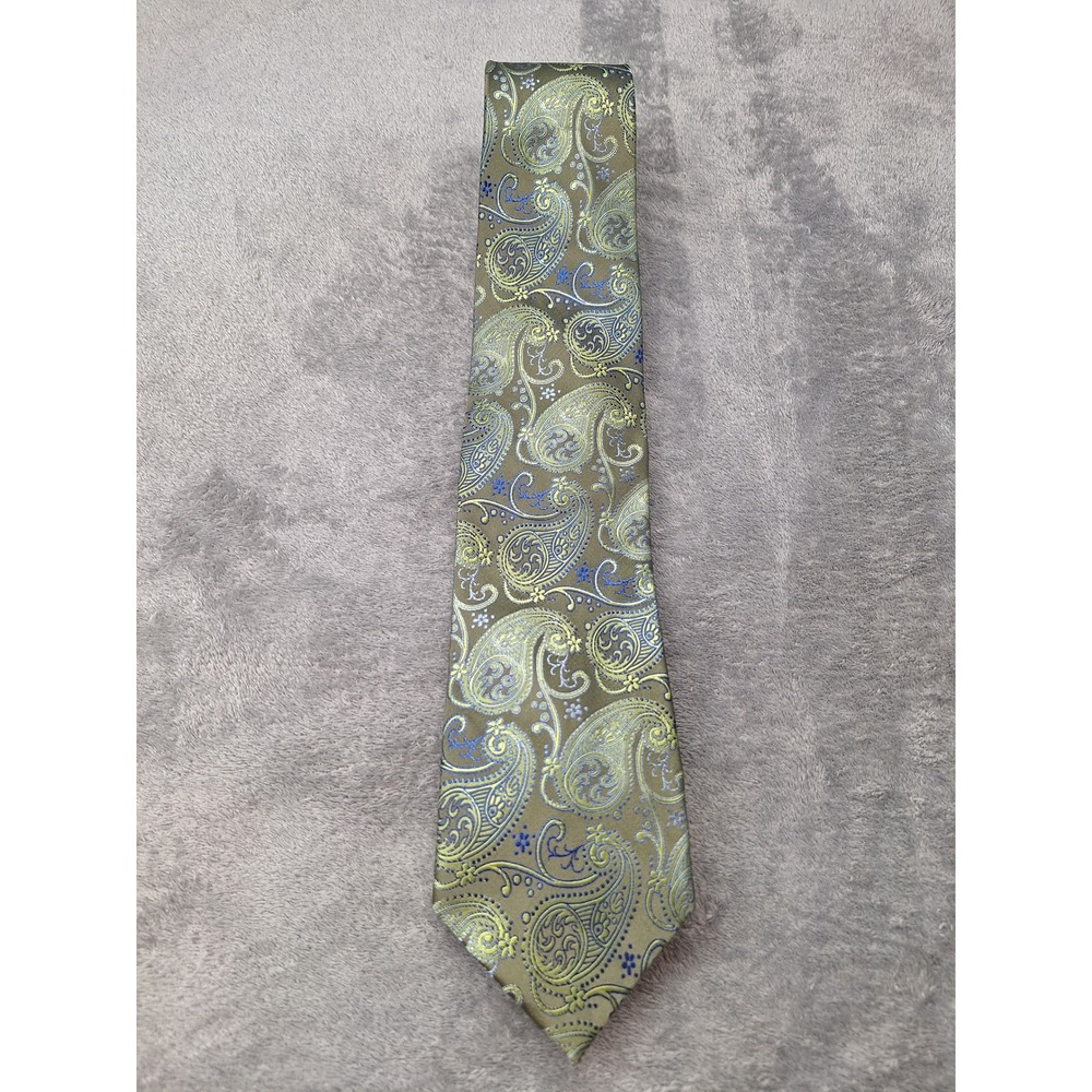 Beau Brummel Soho‎ Mens Silk Tie Olive Green Blue Lime Paisley Jacquard Necktie